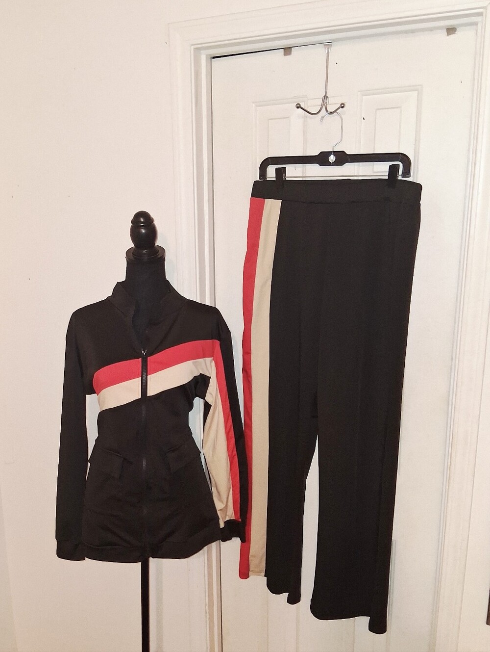 Black Track Jacket & Pants Set with Red and Cream Stripes - Picture 5 of 6